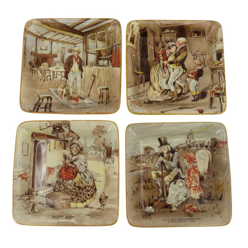 New Hall Hanley Staffordshire Square Pictorial Scene Sauce Plates 4in x 4in VTG